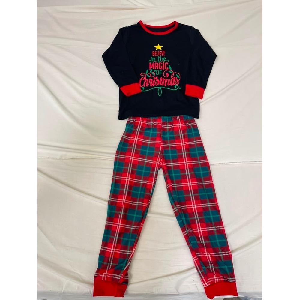 Kids Christmas Pajama Set Black Believe Magic Top Red Green Plaid Pants 8-10